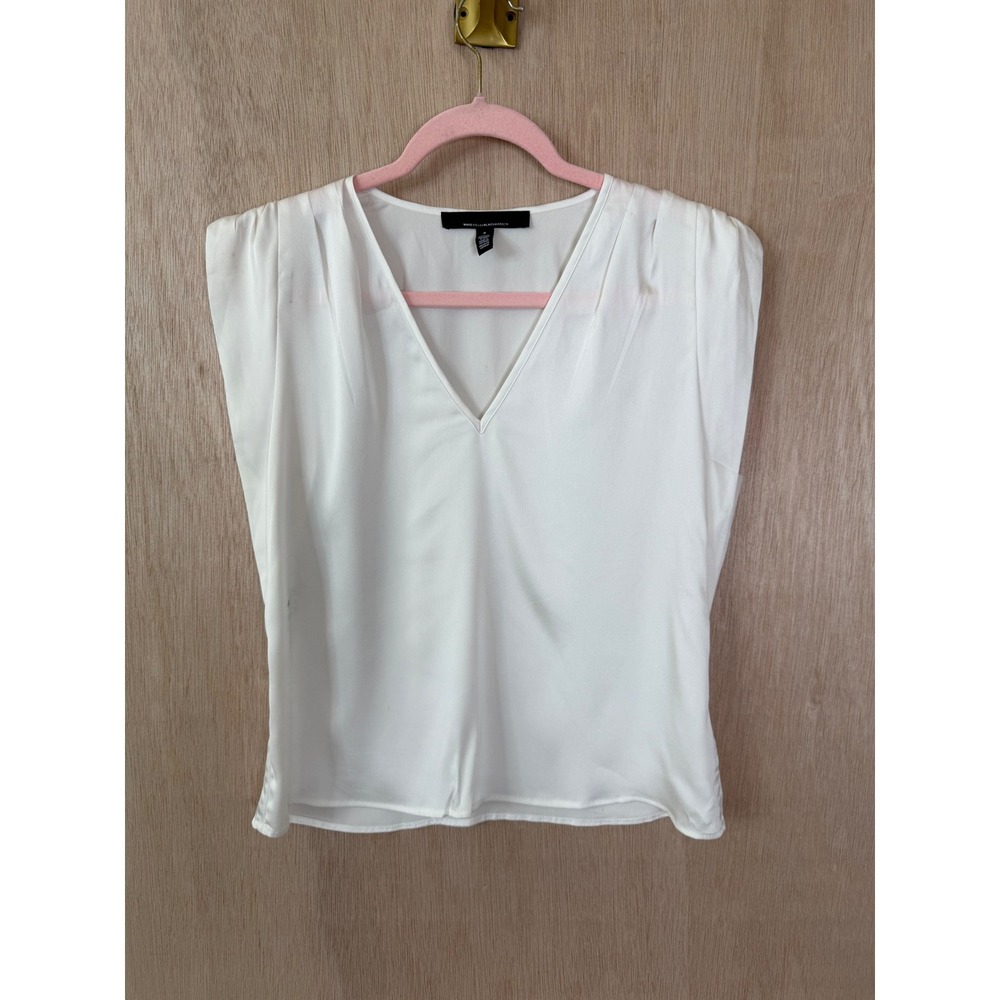 White House Black Market WHBM White V-Neck Pleated Shoulder Blouse Small